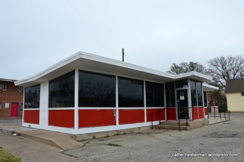 This Valentine Diner building in Wichita, Kansas, formerly a Lil Joe's Dyne-Quik, is now closed. Sign says that the building was closed due to unsafe conditions.